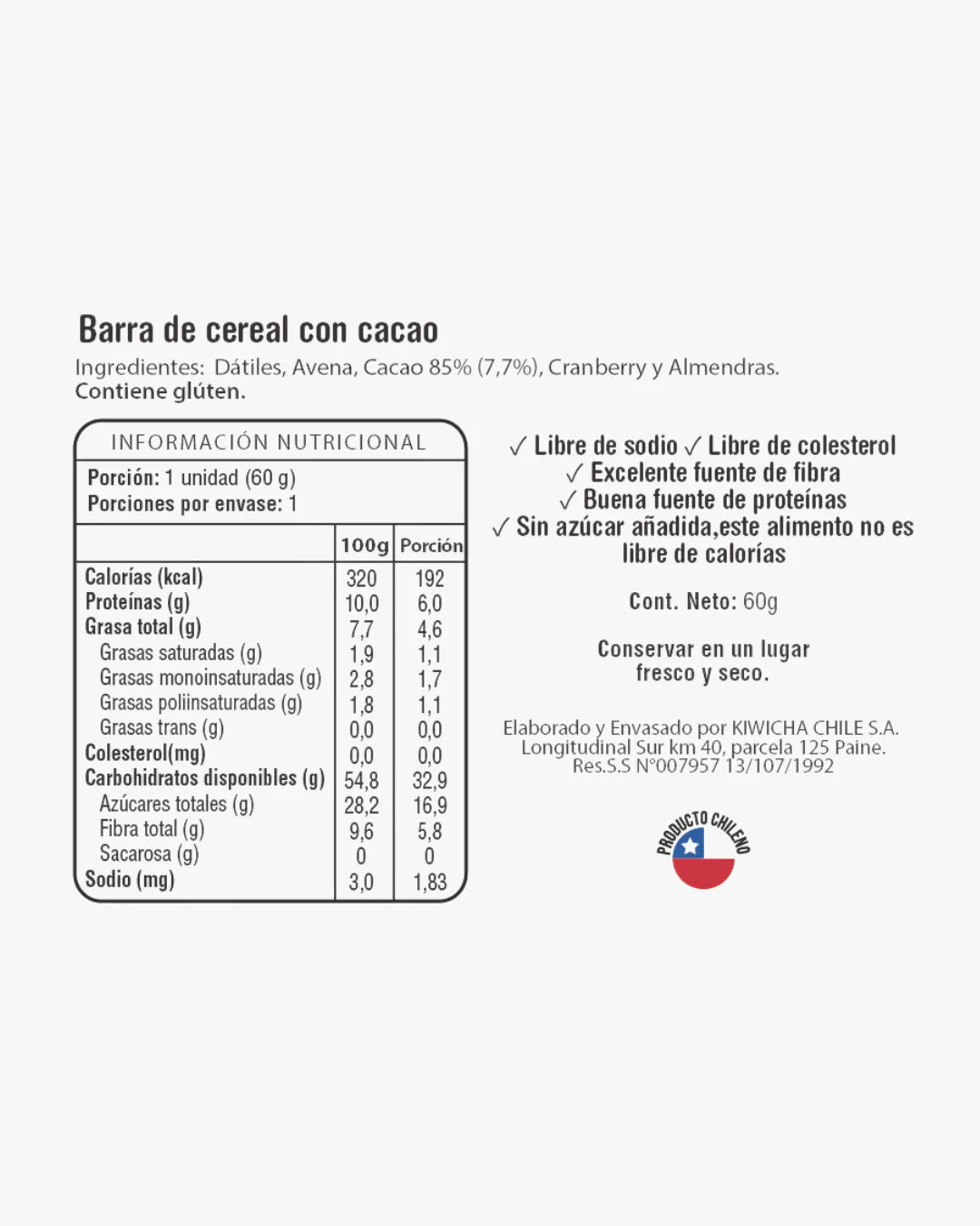 Barrita Energética Kiwicha Chocolate y Avena 60g