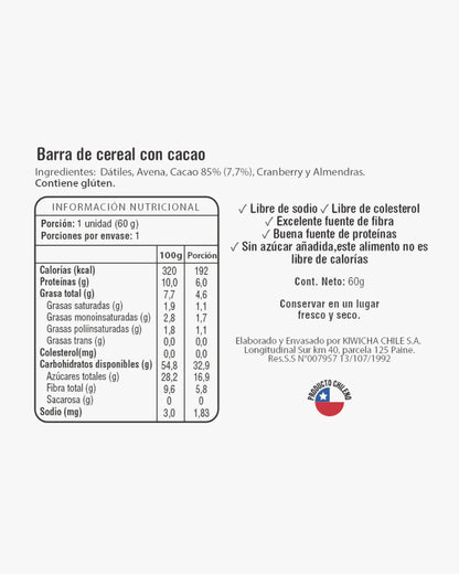 Barrita Energética Kiwicha Chocolate y Avena 60g
